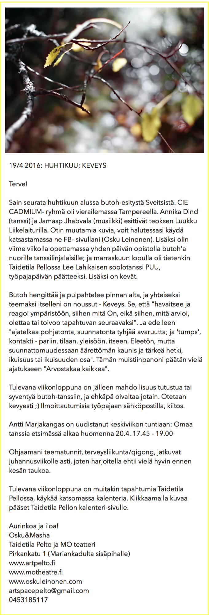 Uutiskirje Taidetila Pelto 09/04/2016. Huhtikuu, Keveys