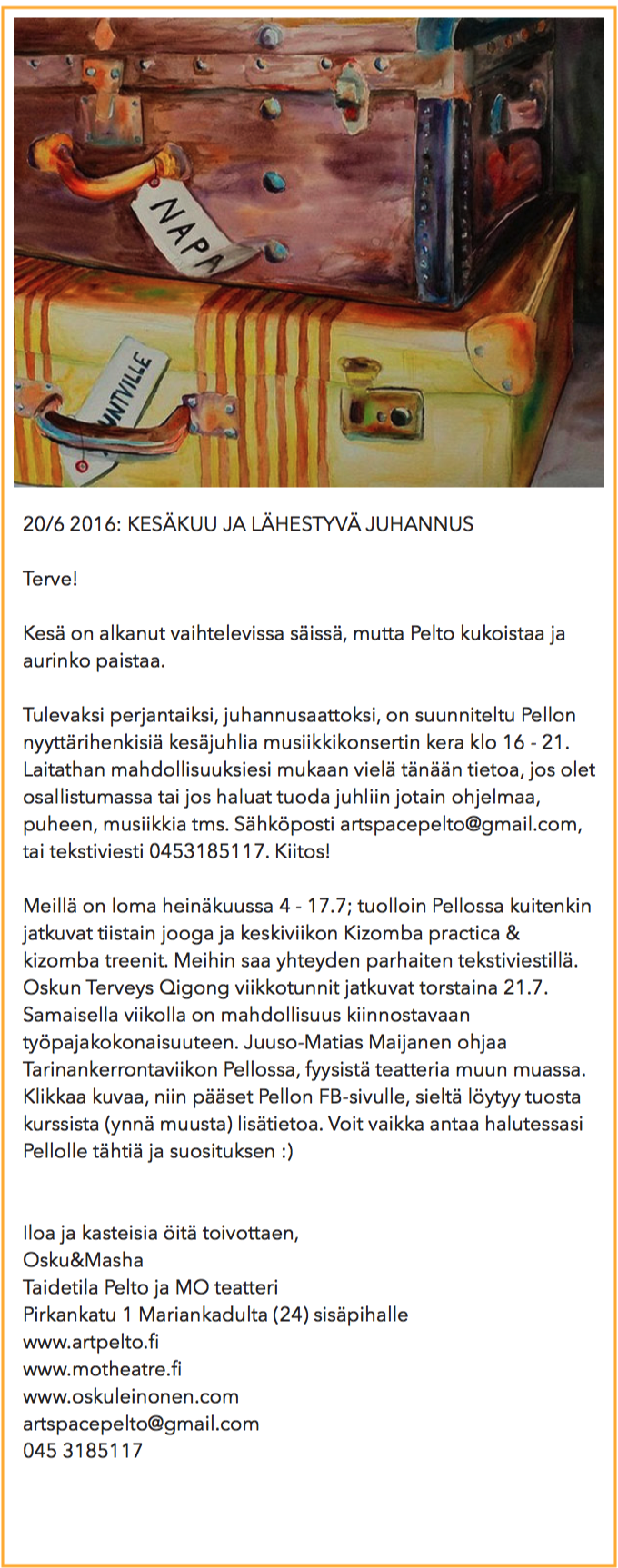 Uutiskirje Taidetila Pelto 20/06/2016. Toukokuu