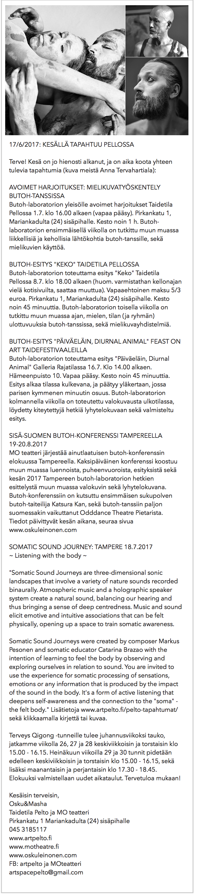 17/6/2017 Taidetila Pellon ja MO teatterin Uutiskirje, kesän tapahtumat