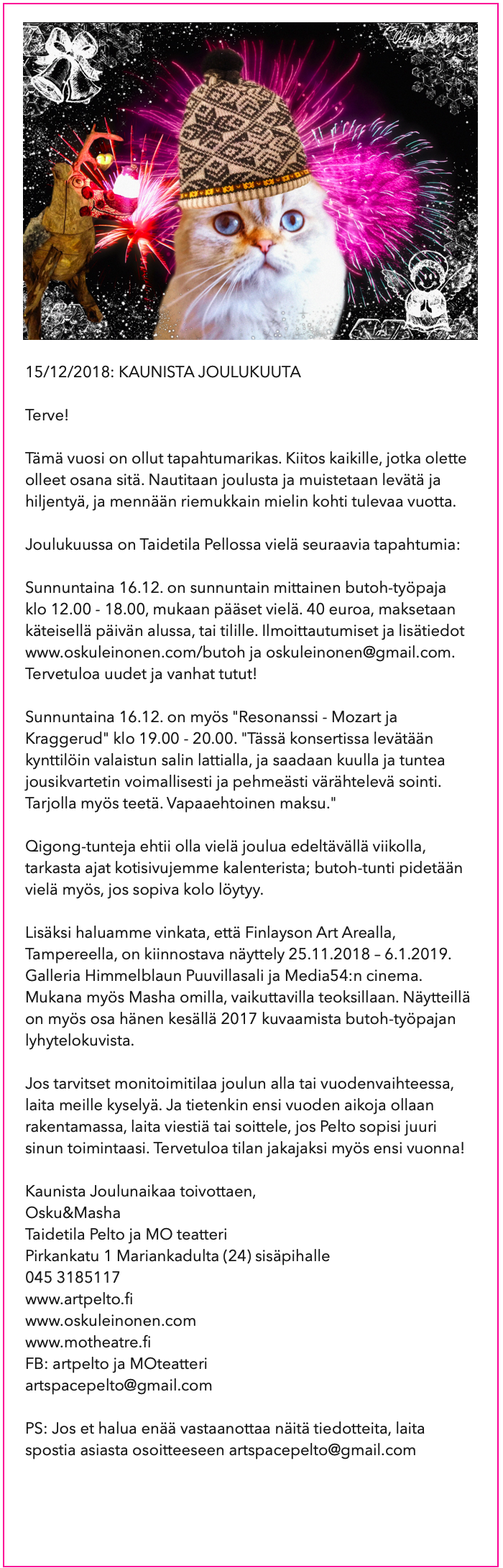 Uutiskirje Taidetila Pelto joulukuu 2018