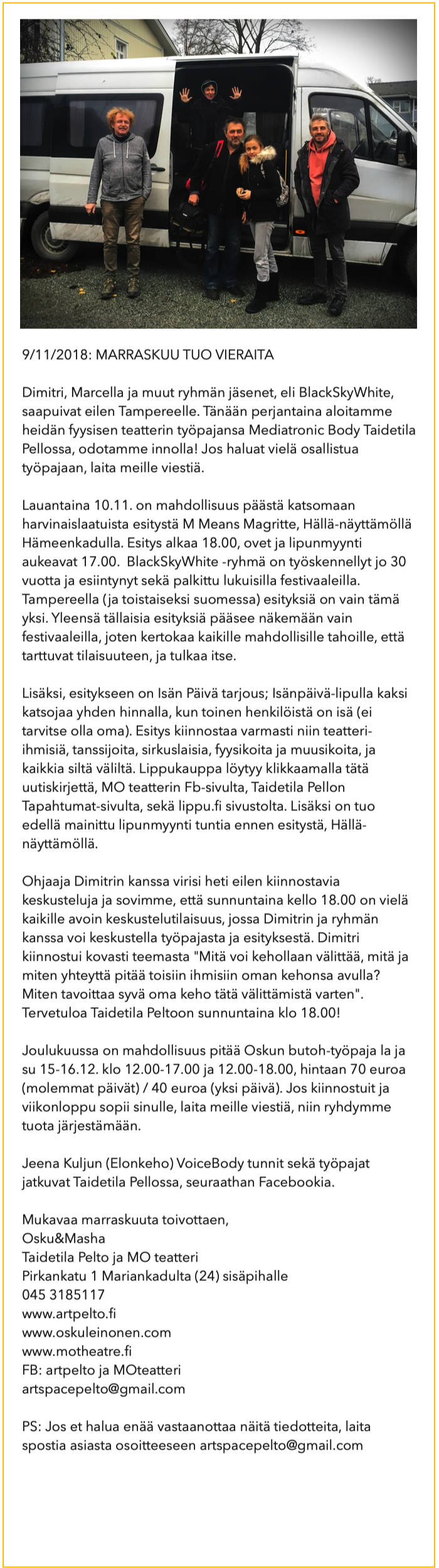 Uutiskirje Taidetila Pelto marraskuu 2018