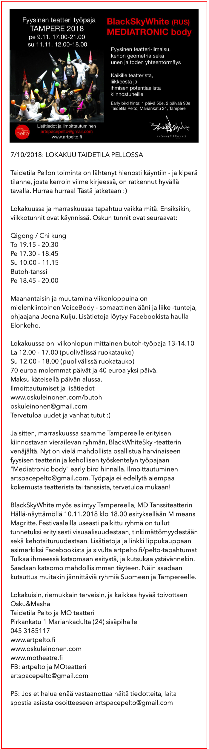 Uutiskirje Taidetila Pelto lokakuu 2018